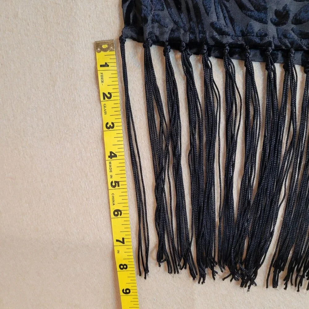 Black Velvet Burnout Floral Fringe Scarf Shawl Boho Gothic Whimsigoth 72x21.5